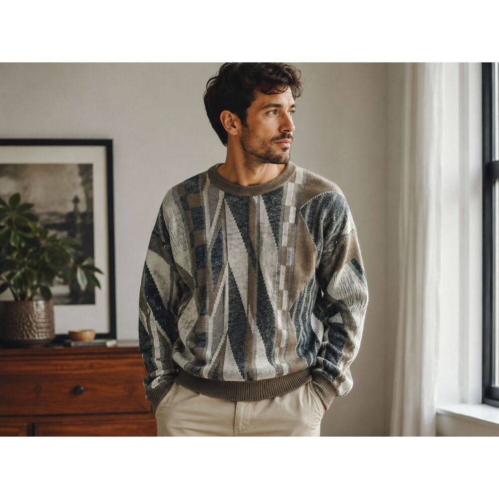 Vintage 90s Jantzen Sweater Mens XL Abstract Geometric Knit Grandpa Coogi Style
